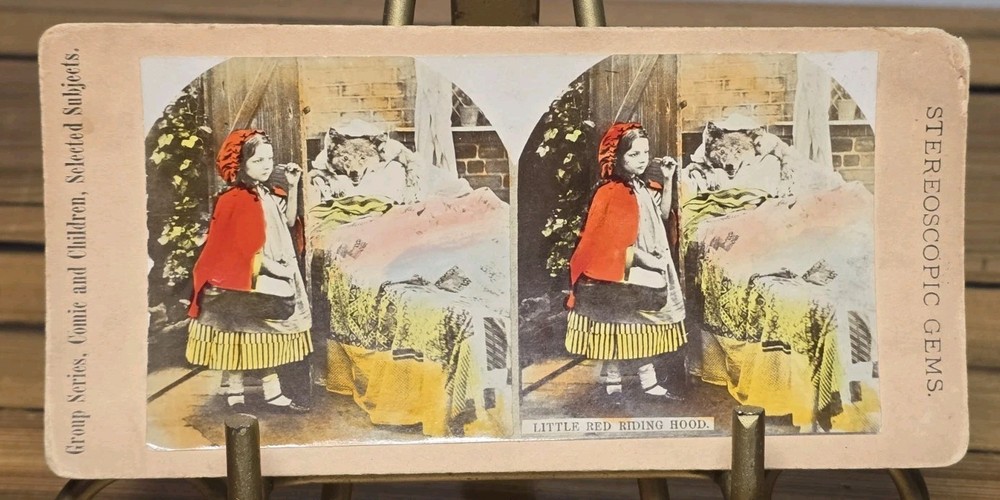 Antique Stereoview Little Red Riding Hood Hand Colored Victorian Genre c1860s