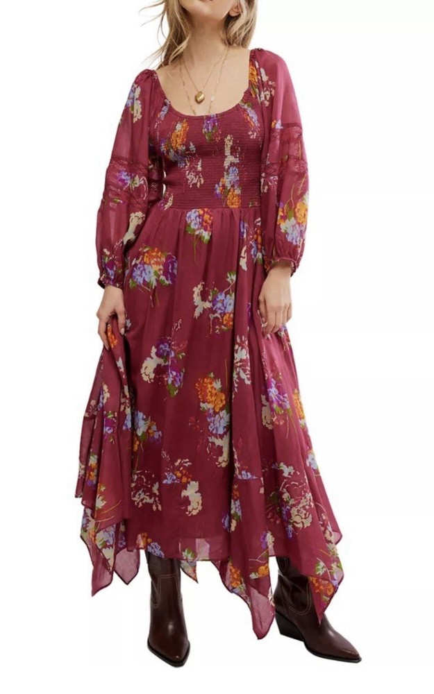 Free People Morning Glory Floral Smocked Long Sleeve Maxi Dress Women's Size S