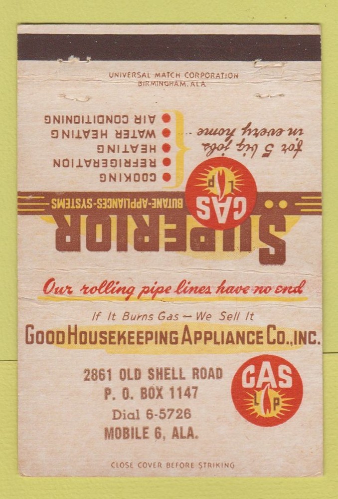 Matchbook Cover - Superior Gas Butane Appliances Mobile AL 40 Strike
