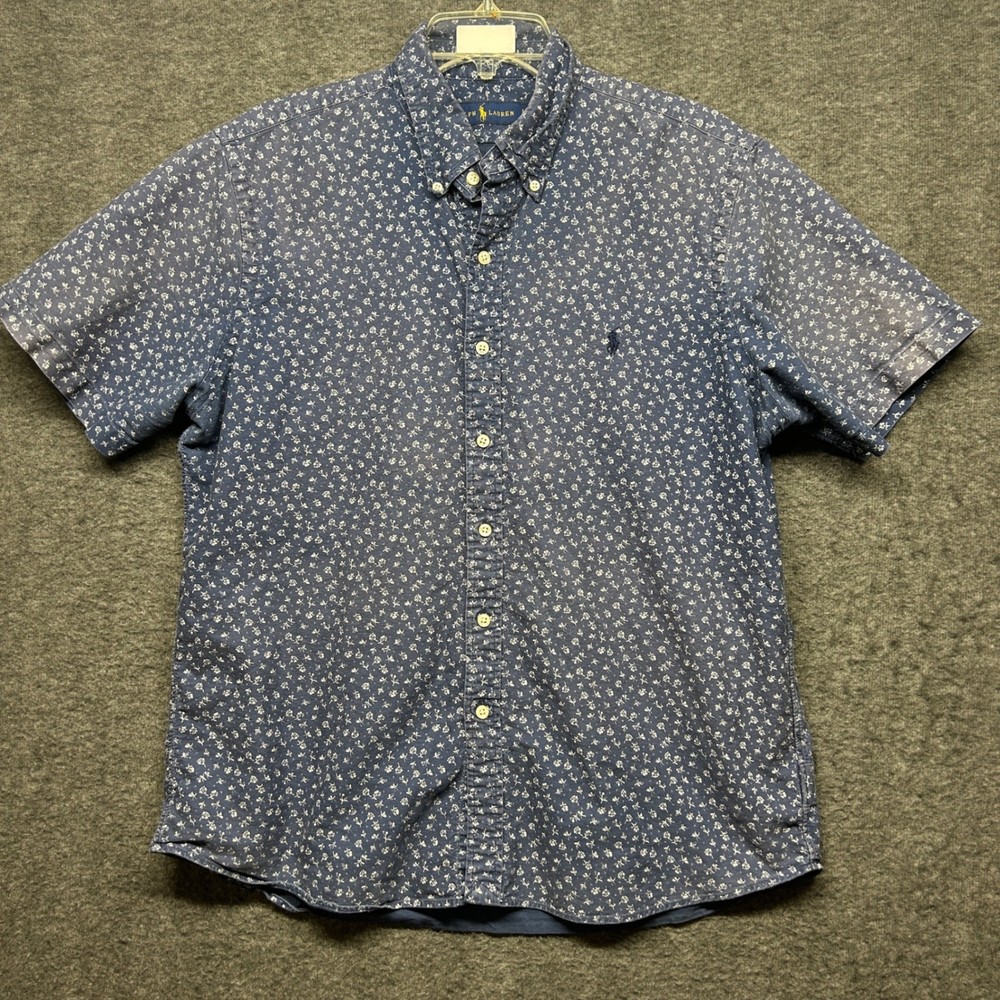 Polo Ralph Lauren Men's Blue Floral Print Short Sleeve Button Up Shirt Size L