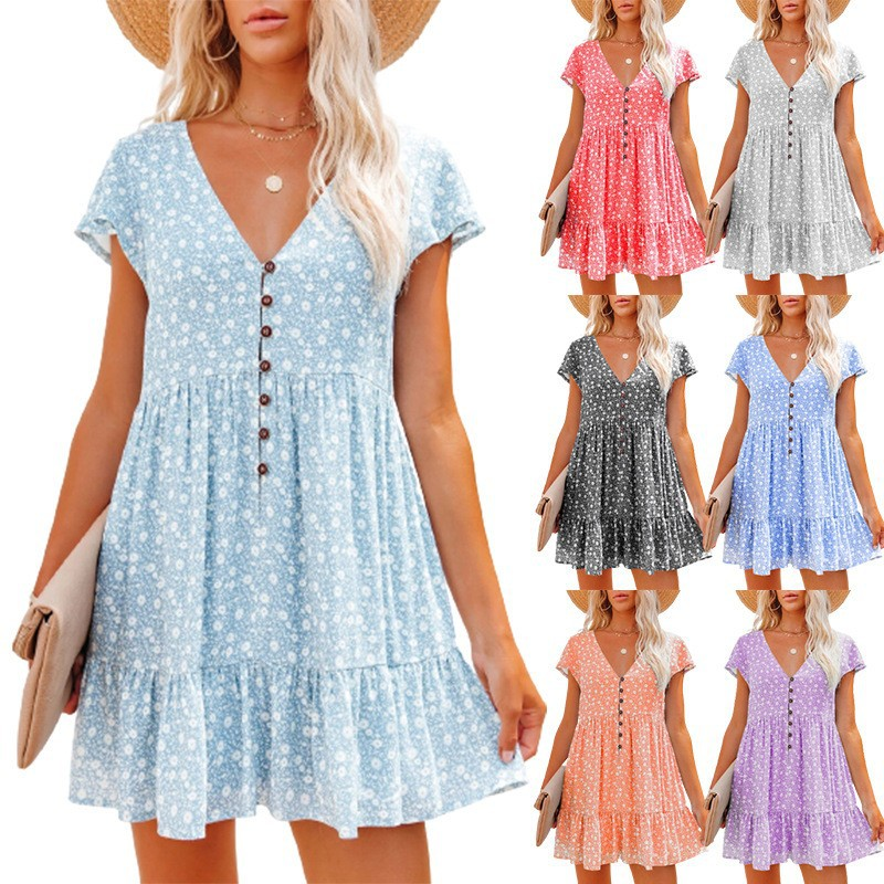 Women's Dress V-neck Button Small Floral Short Sleeved Loose Casual Dress