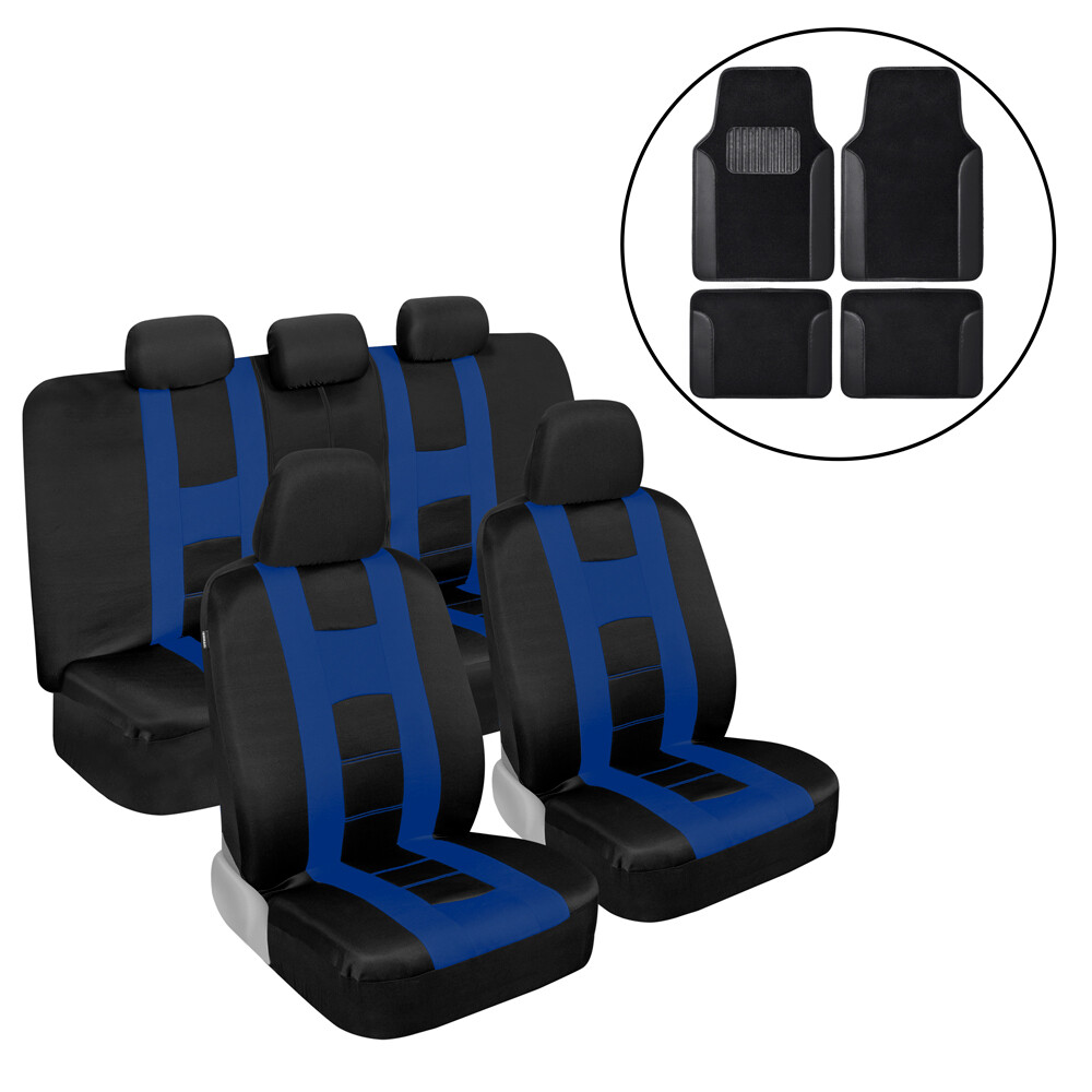 Blue Car Seat Covers Full Set with Black Floor Mats Combo Pack  