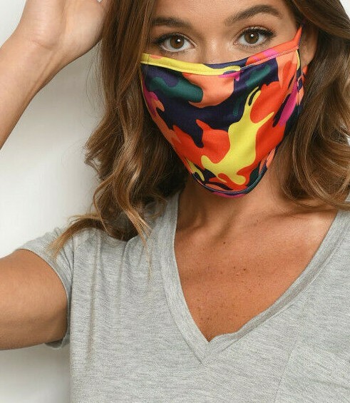 Abstract Camo Print Reusable Face Mask in Black Orange Yellow Green Red  -image