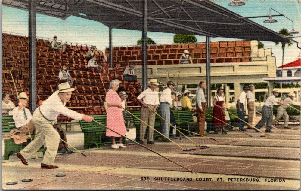Vintage 1953 St. Petersburg FL Shuffleboard Court Linen Postcard Tichnor Bros