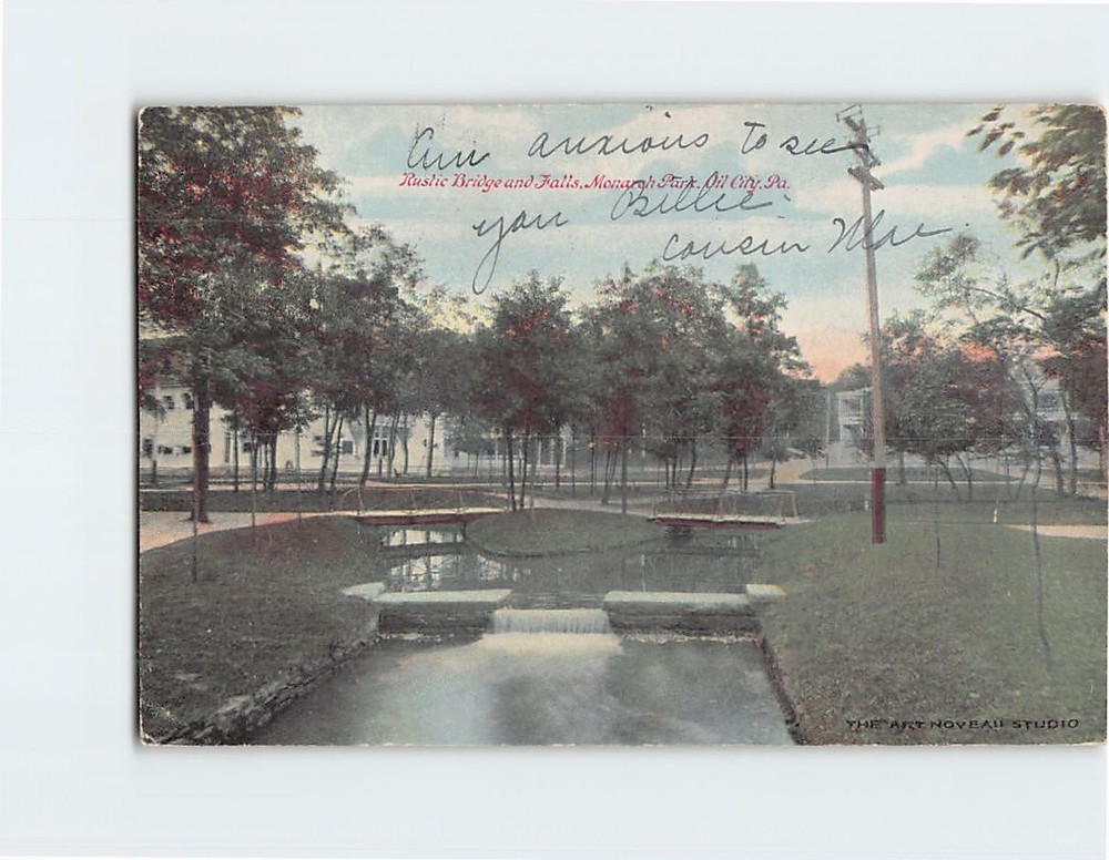 Postcard Rustic Bridge & Falls Monarch Park Oil City Pennsylvania USA