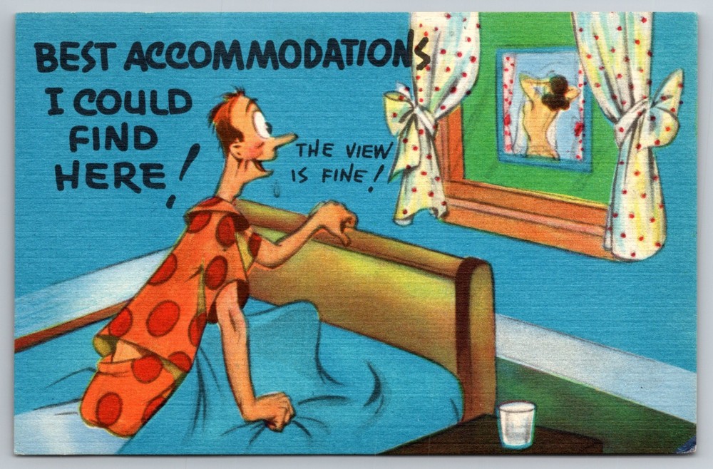 Humor - Peeping Tom Nude Woman - Hotel Accommodations - Linen Postcard F-image