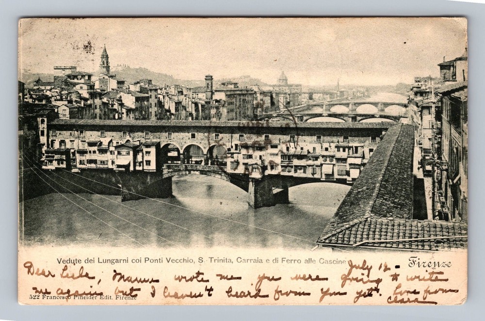 Italy- Florence View Along The Arno River & Bridges Old Card PC Vintage Postcard