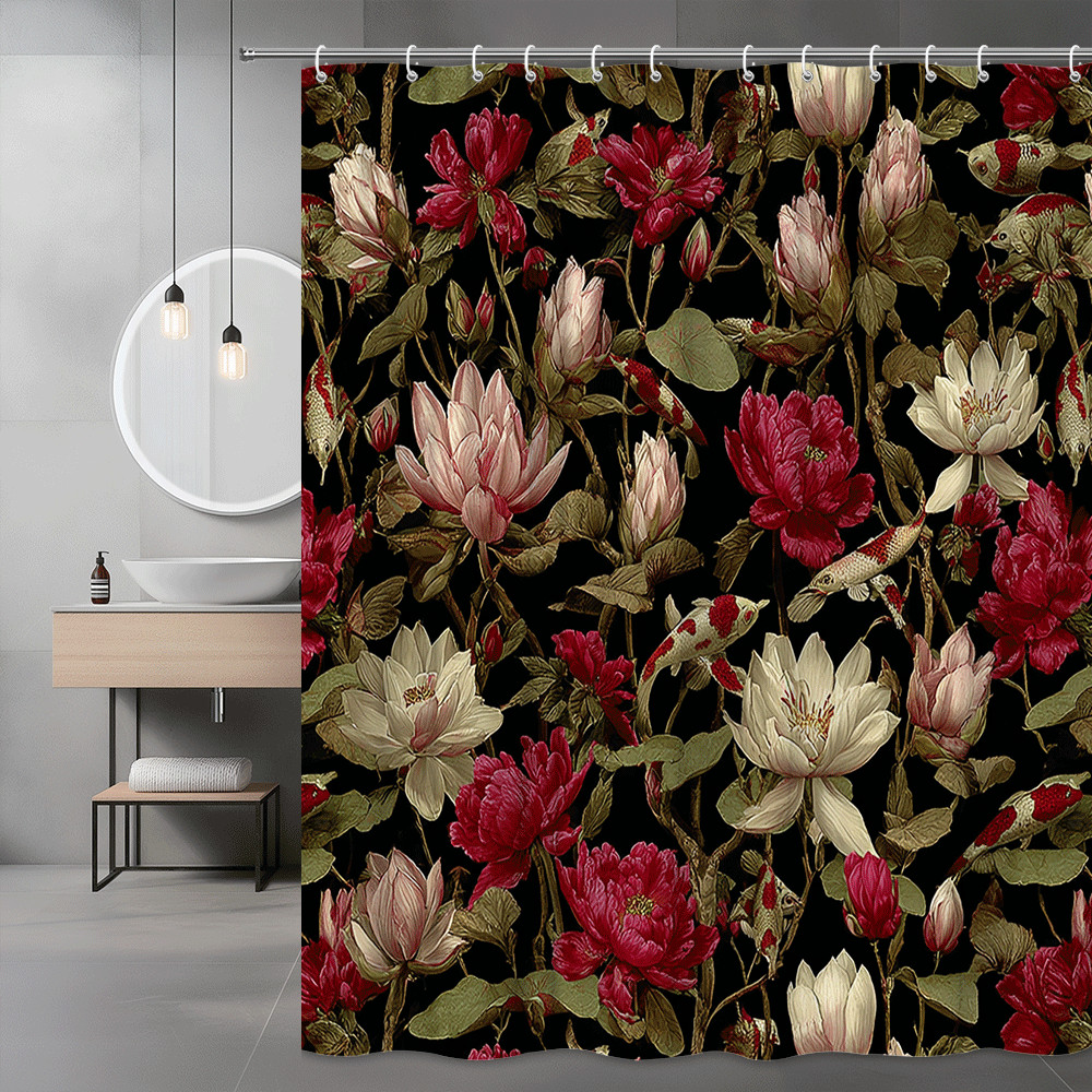 Floral Koi Fish Shower Curtain Black Pink White Botanical