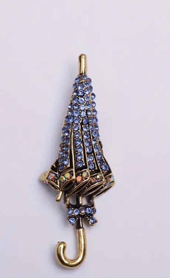 Blue Umbrella Crystal Brooch Badge Encrusted Pin Lapel Elegant Rhinestone Gift