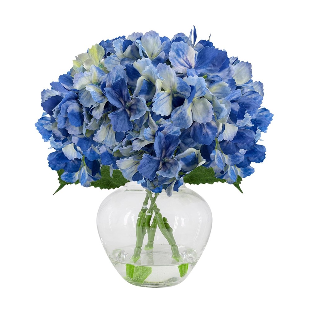 3PCS Blue Silk Hydrangea Artificial Flowers Fake Flowers Arrangements in Glas...