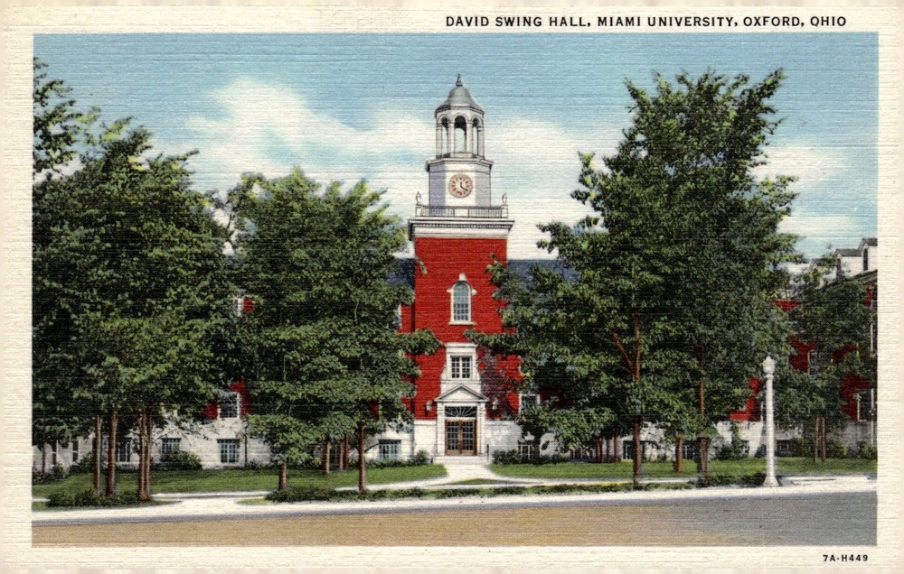 1937 David Swing Hall Miami University Oxford Ohio Linen Art Colortone Postcard