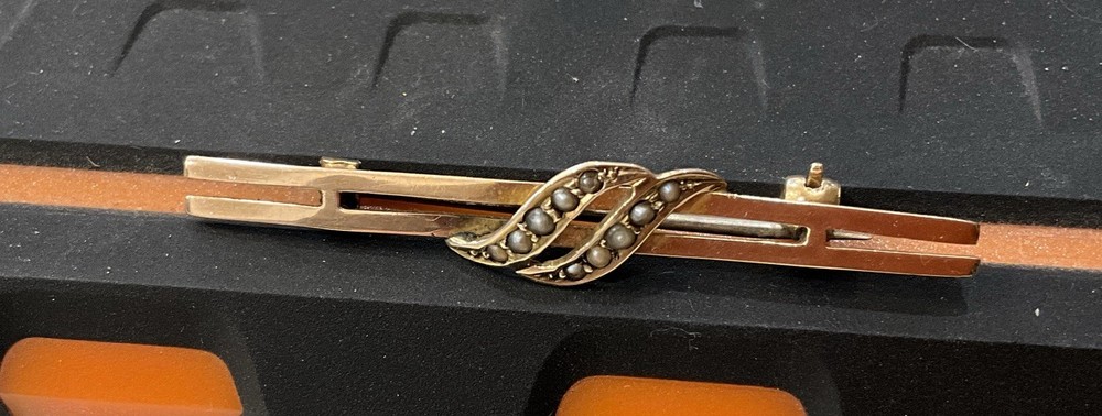 Antique Victorian Edwardian European 9ct Yellow Gold Seed Pearl Bar Pin Brooch