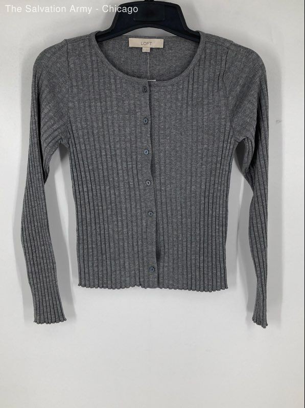 Loft Womens Gray Heather Round Neck Long Sleeve Cardigan Sweater Size XS