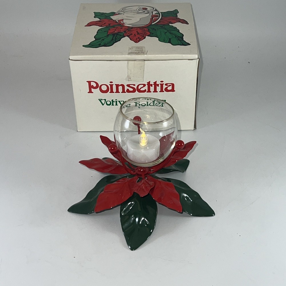 Dept 56 Christmas Metal Poinsettia Votive Red Green Candle Holder Vintage NIB