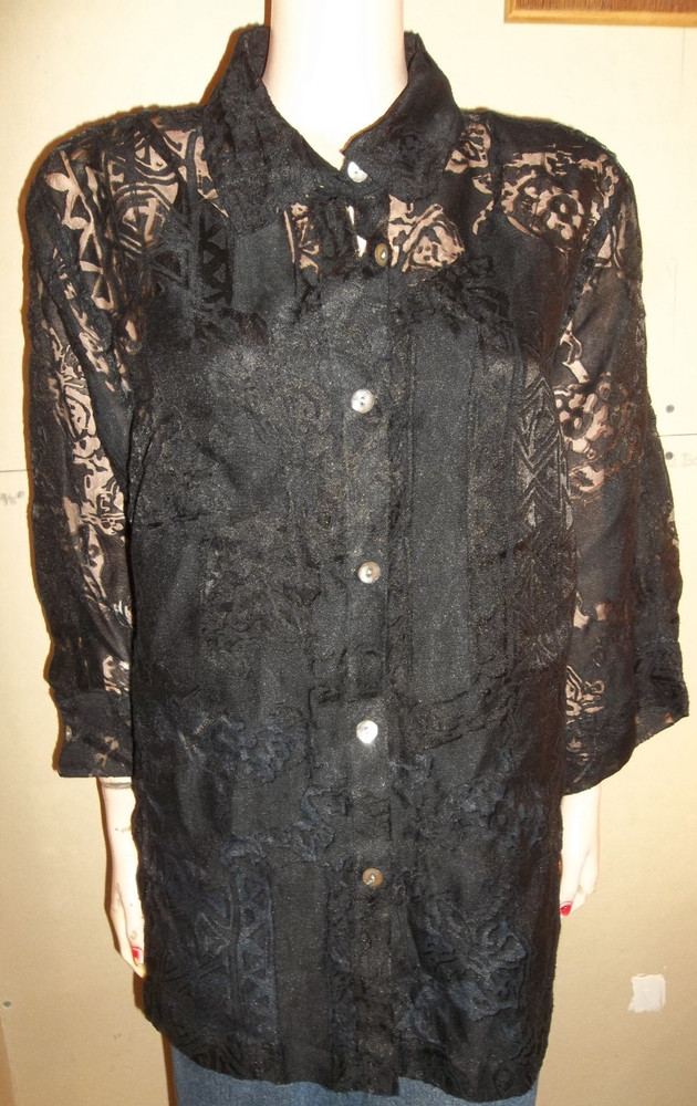 Mirasol Womens Plus Size 3/4 Sleeve Black Burnout Sheer Shirt 3X Linen Blend