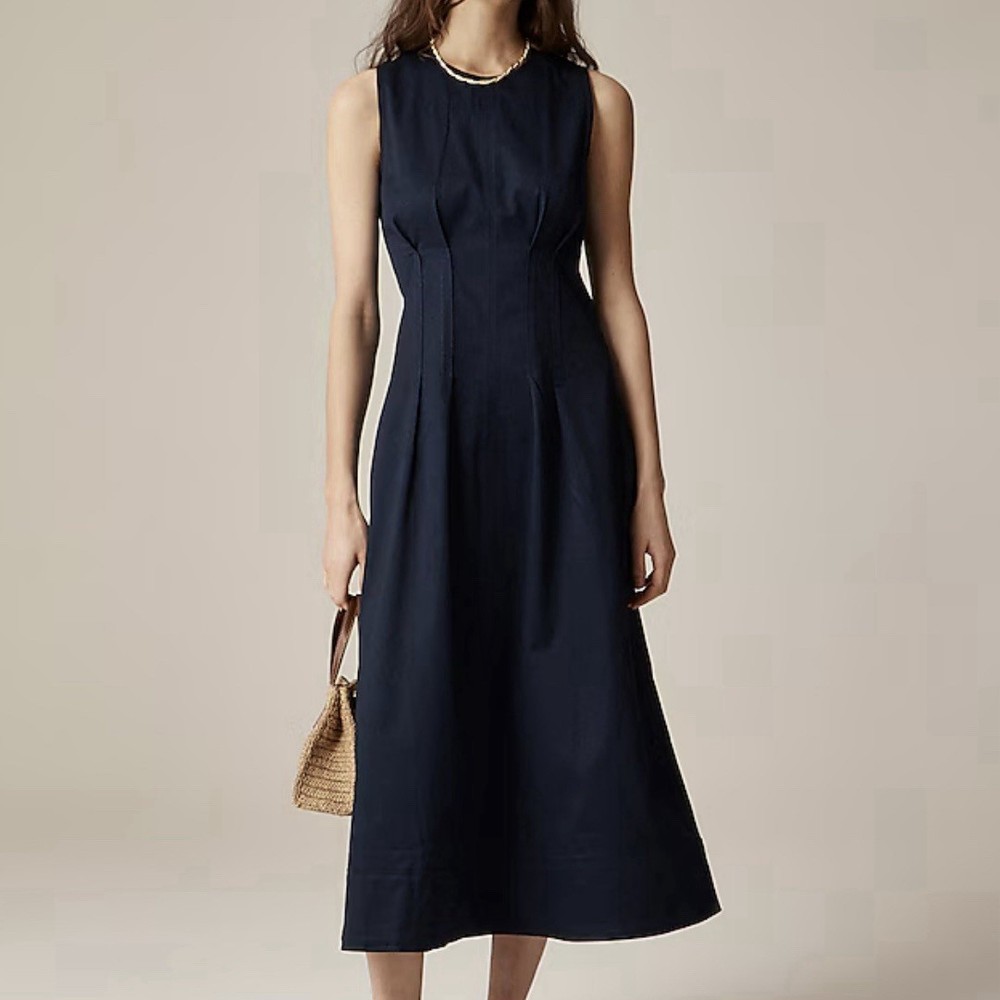 NEW J Crew Pintuck Midi Dress Womens 18 Navy Blue Stretch Twill Sleeveless Sleek