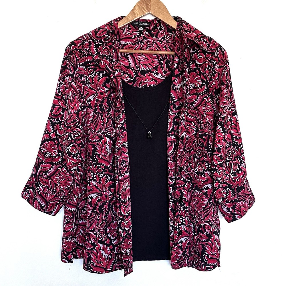 Notations Plus Shirt Women’s 1X Geometric Boho Button Up 3/4 Sleeve Collared Top
