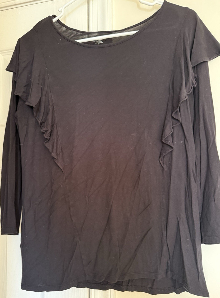 LOFT Black Ruffle Knit 3/4 Sleeve Pullover Blouse Women's Size M Regular