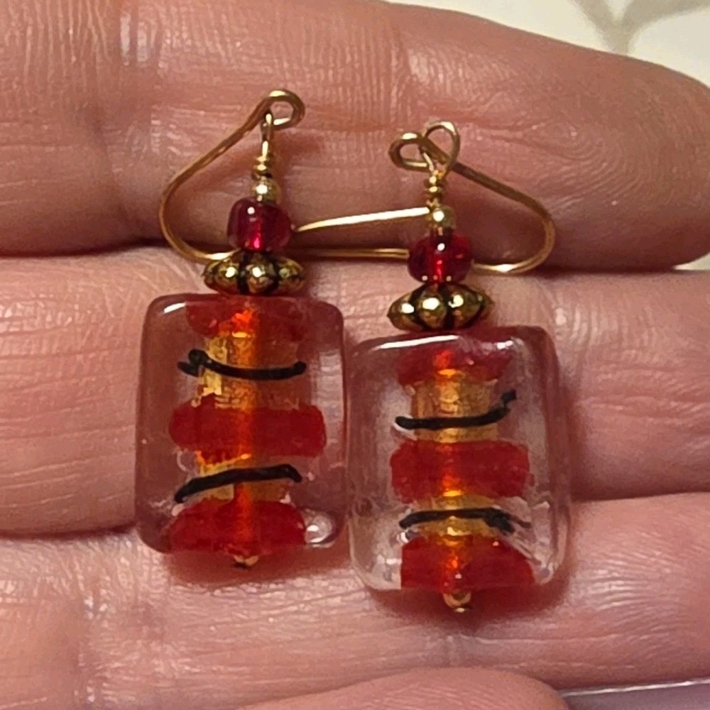 Handcrafted Red & Clear Glass Rectangle Bead Dangle Hook Earrings Gold Tone