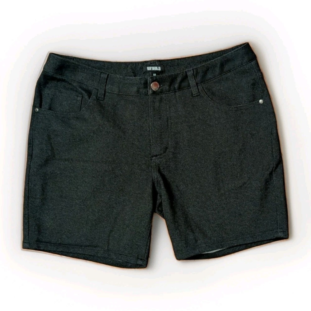 St33le Black Denim Look Shorts Mens 33 Stretch Flat Front Casual Streetwear