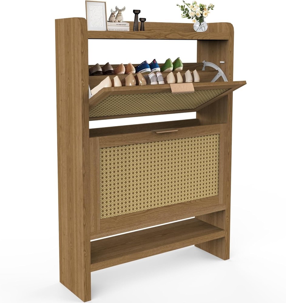 Narrow Freestanding Shoe Cabinet with 2 Rattan Flip Drawers and Extra Storage Shelf  