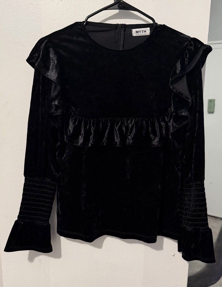 MYTH Black Solid Velvet Ruffle Long Sleeve Round Neck Zip Back Blouse M