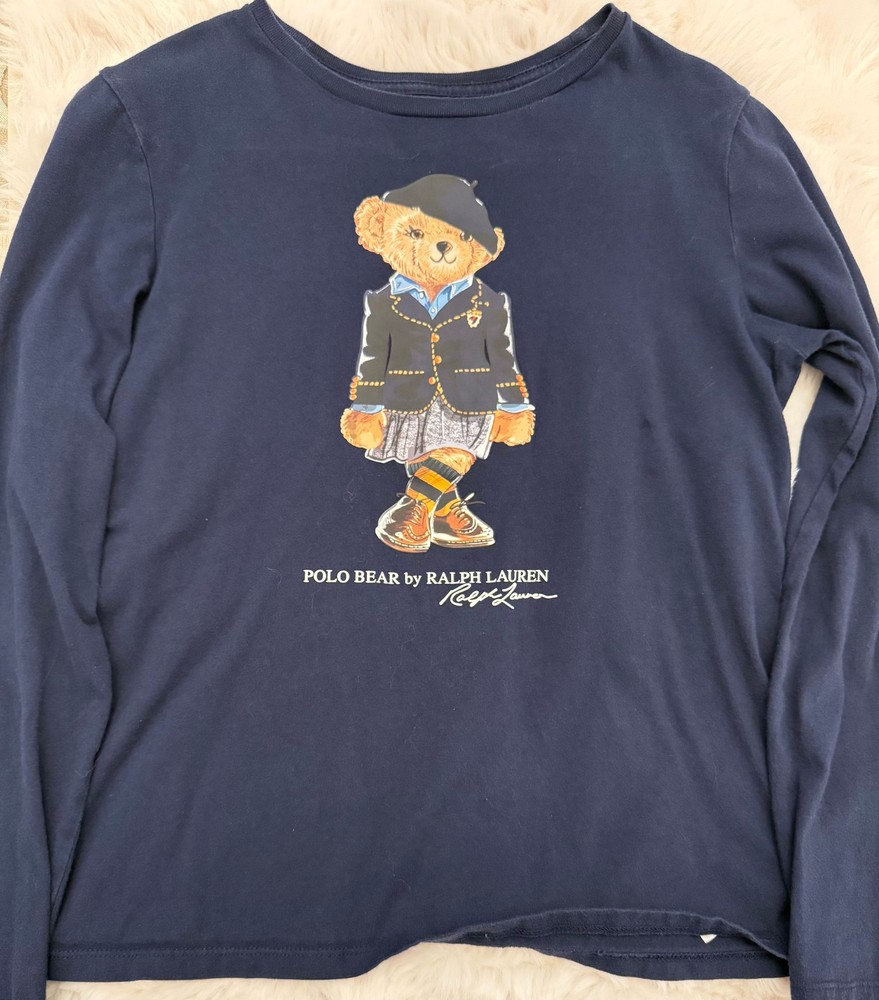 Polo Ralph Lauren Bear Long Sleeve T-Shirt Navy Blue Cotton Graphic Tee