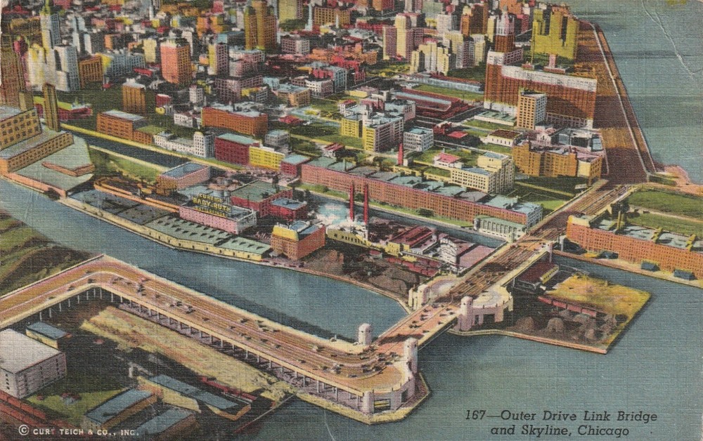 Chicago, Aerial View, Outer Drive Link, Bridge, Skyline IL Vintage Postcard