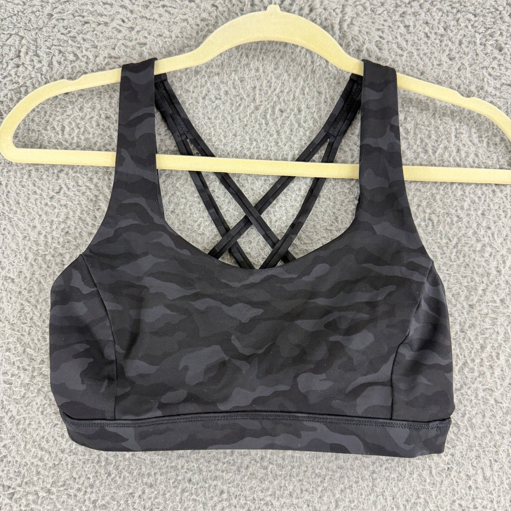 Lululemon Free To Be Serene Bra Womens Size 6 Black Camo Strappy Luxtreme Yoga