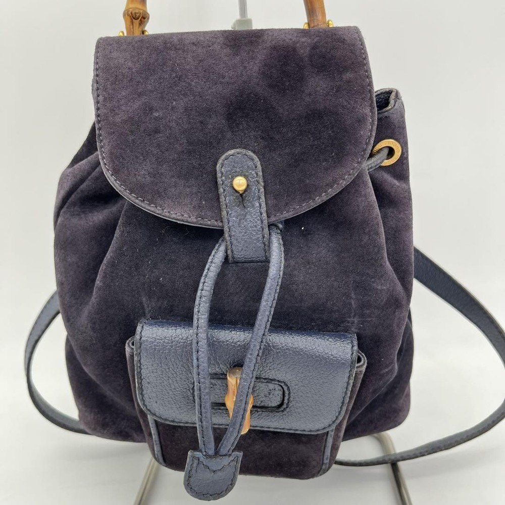 Gucci Navy Suede Mini Bamboo Turnlock Backpack Authentic Leather Crossbody