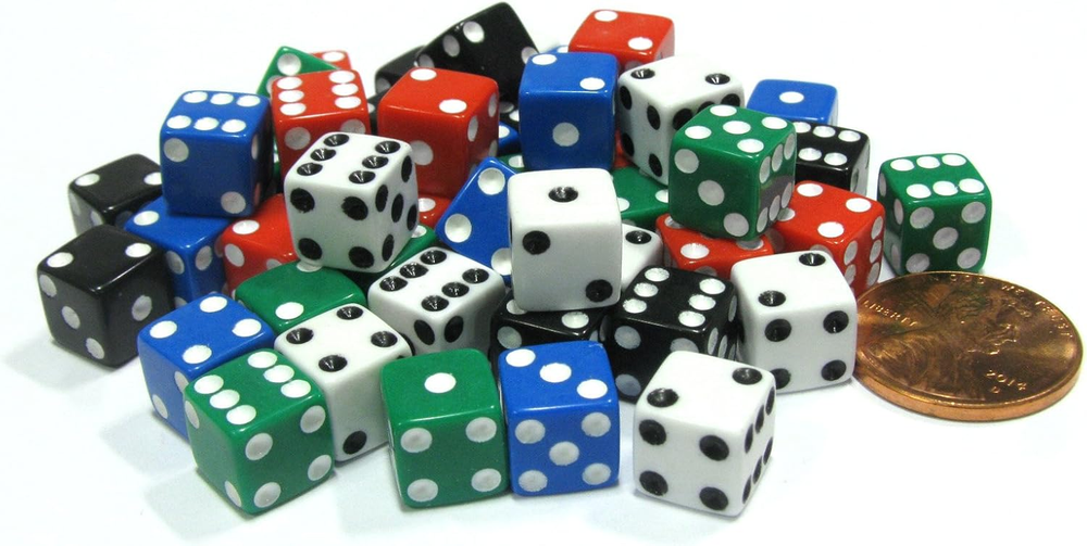 Set of 50 8mm Six-Sided D6 Small Square-Edge Dice - Assortment of Five Colors