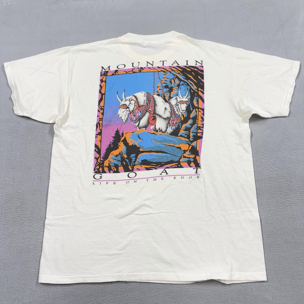 Vintage Lifeforms Shirt Mens Large White Mountain Goat Graphic T-Shirt Tee 90s