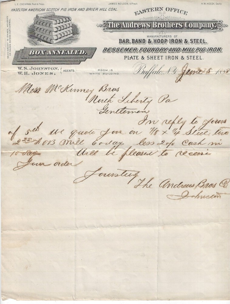 Antique Illustrated Letterhead Andrews Brothers Co Iron Steel Buffalo NY 1888