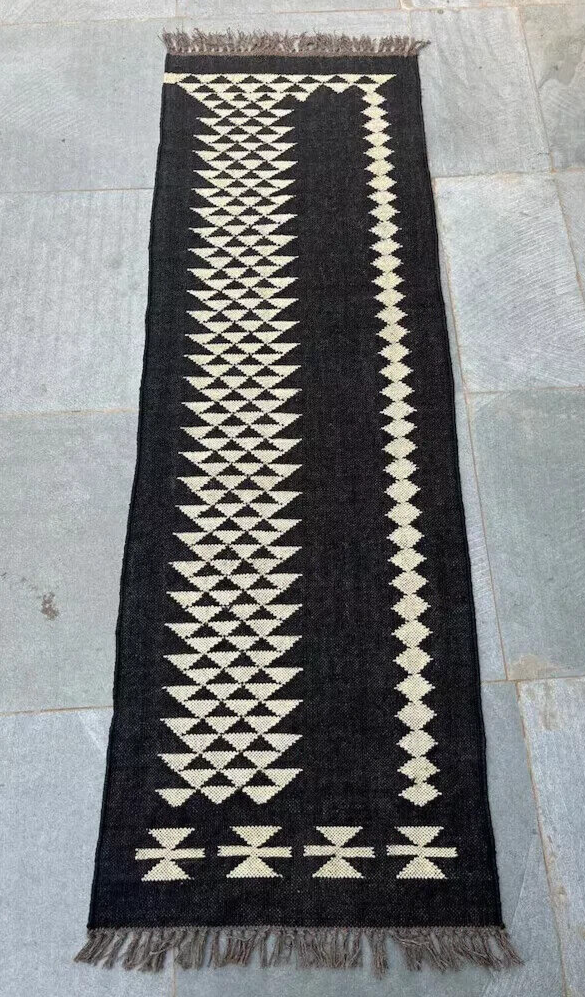 Vintage Aztec Kilim Runner Rug in Wool and Jute for Halloween Stairs