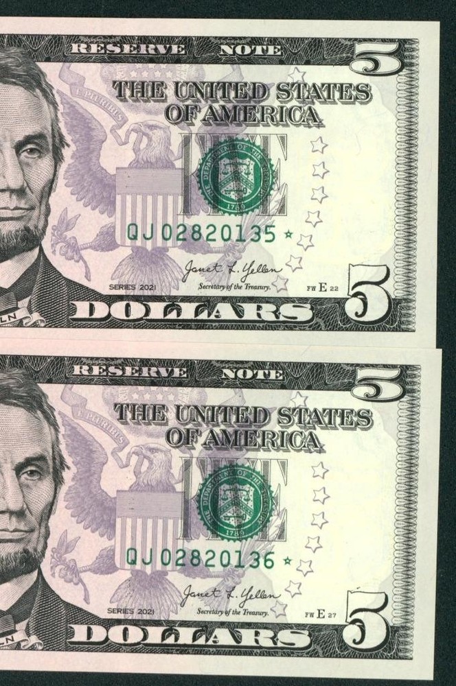 (( STAR - TWO CONSECUTIVE )) $5 2021 ((CHOICE/ GEM)) Federal Reserve Note