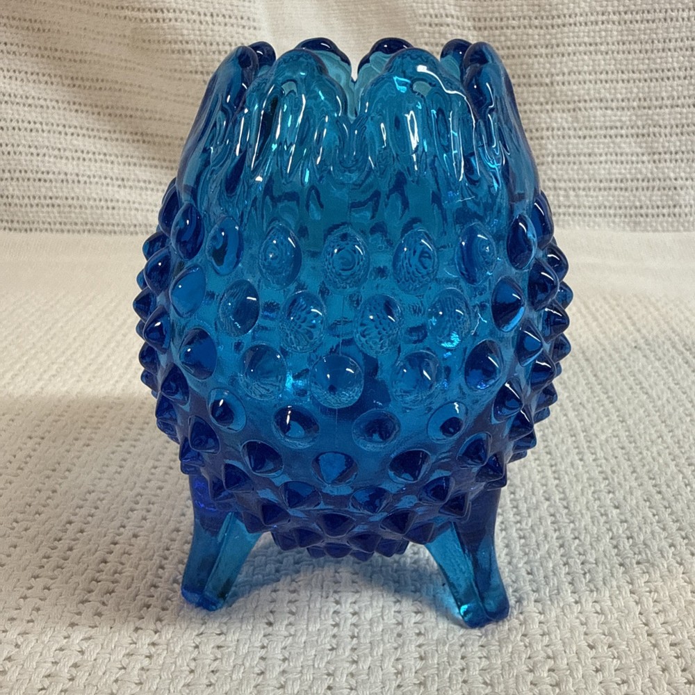Vintage Fenton Glass - Colonial Cobalt Blue Hobnail 3 Footed Egg Shaped Vase