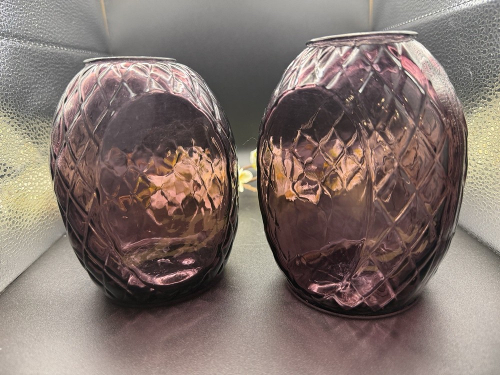 Set of 2 Vintage Purple Amethyst Glass Votive Candle Holders Diamond Pattern
