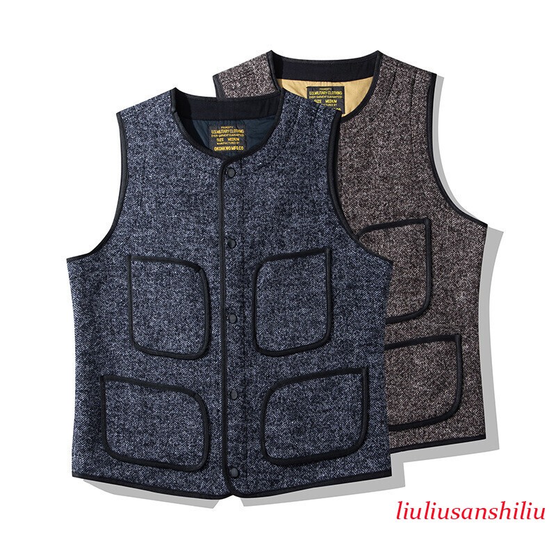 Men's Vintage Brown's Beach Jacket Thick Wool Vest Amekaji Round Neck Waistcoats