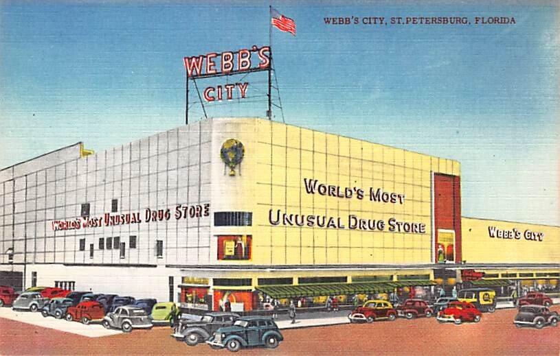 Postcard FL: Webb's City, Drug Store, St. Petersburg, Florida, Vintage Linen