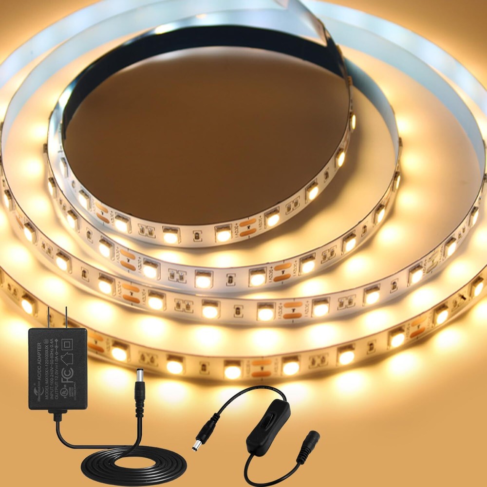 12V LED Strip Light Warm White 3000K, 16.4ft/5M SMD5050 LED Strip with Adapte...