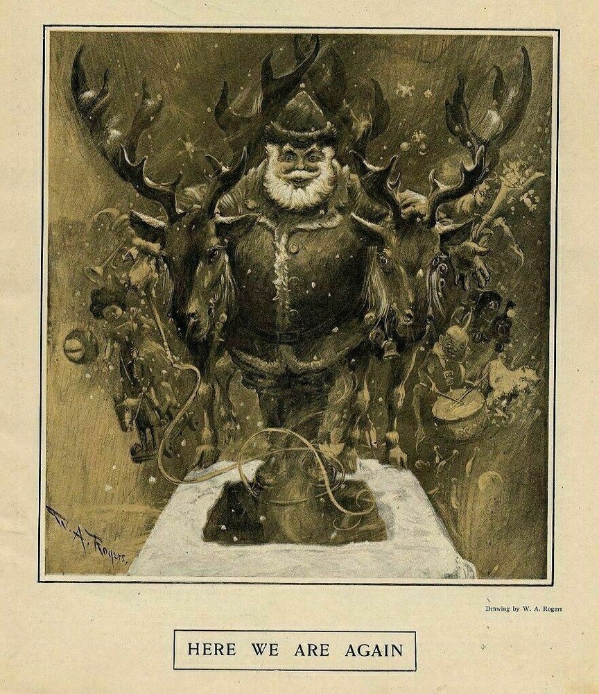 SANTA CLAUS TOYS AND HIS REINDEER READY TO GO DOWN CHIMNEY ROCKING HORSE TOY