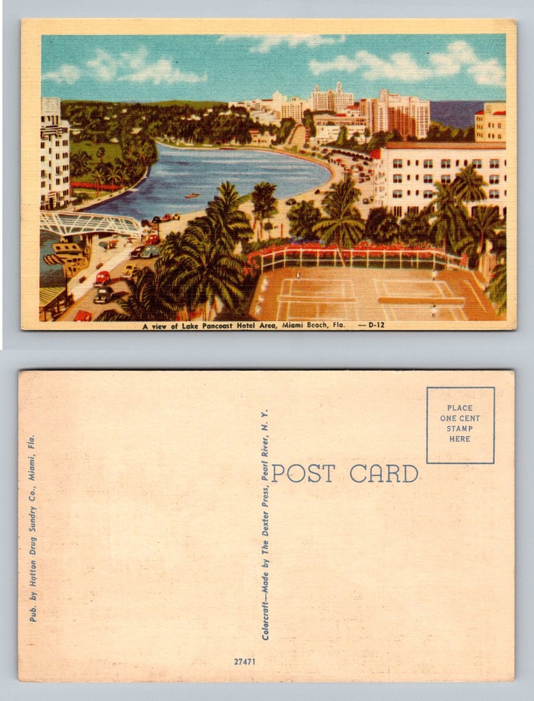 Miami Beach, FL-Florida, Aerial Lake Pancoast Hotel Area Vintage Postcard