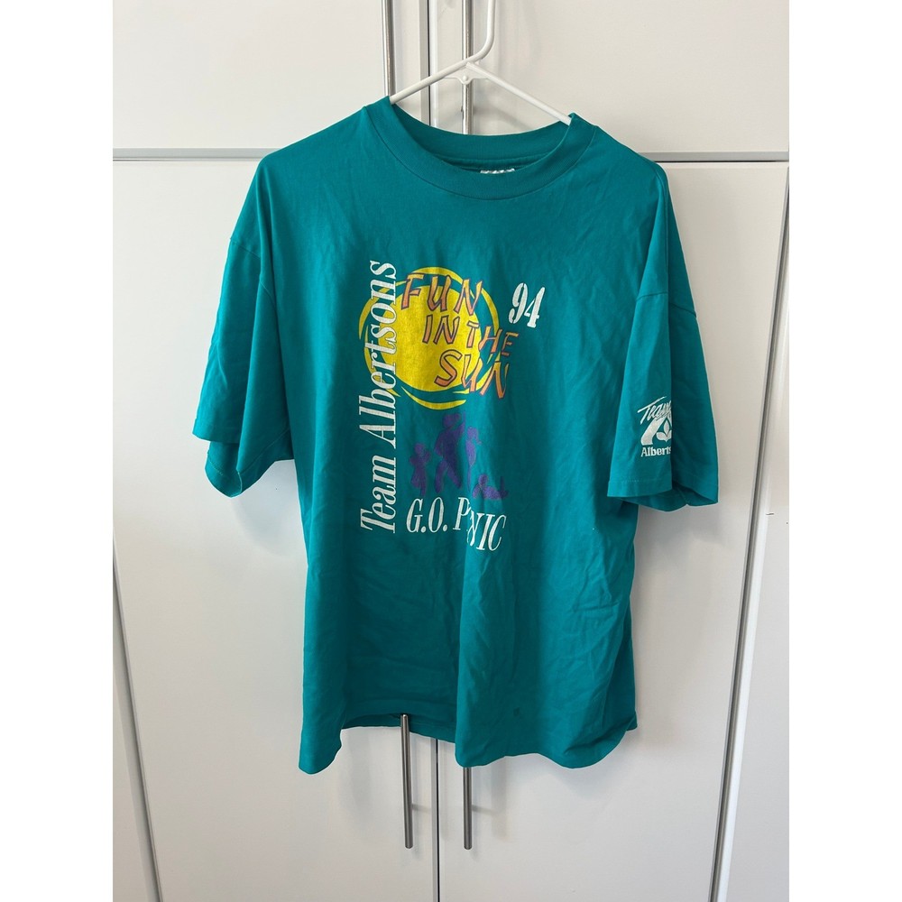 Vintage 1994 Team Albertsons Fun in the Sun Teal Graphic T-Shirt XL Hanes 50/50