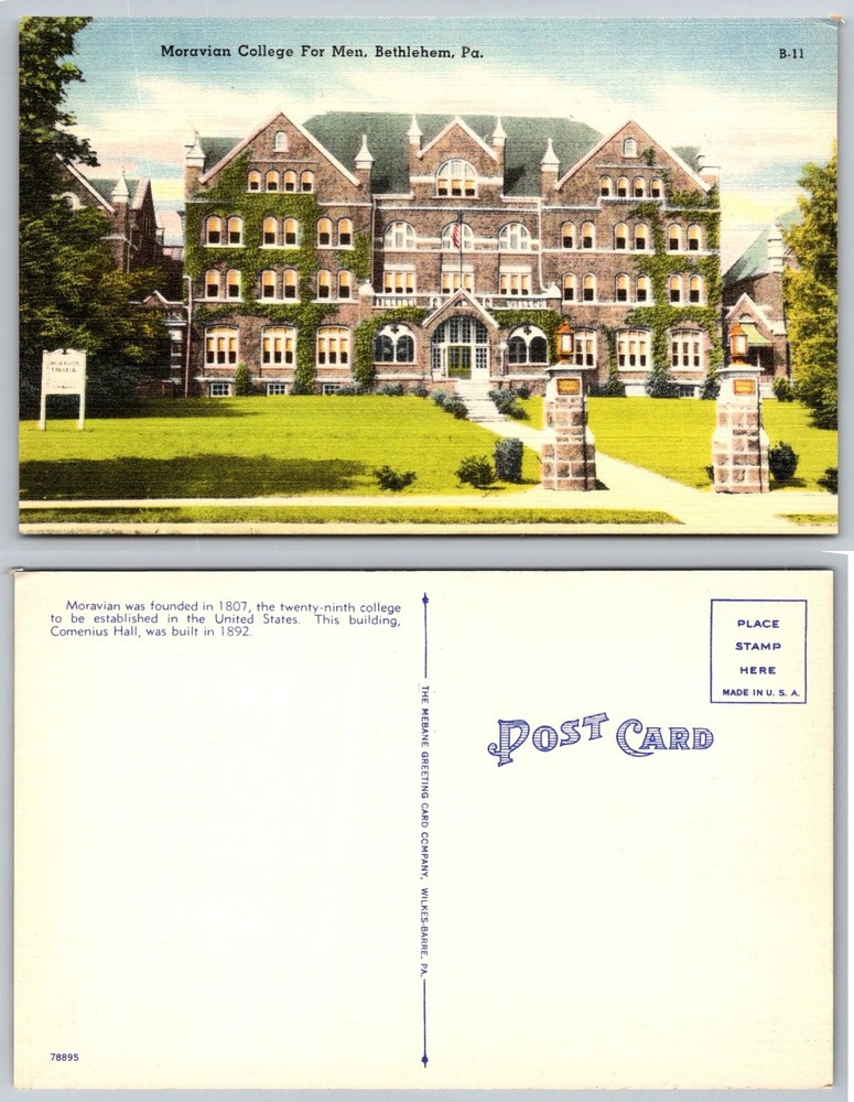 Moravian College For Men Bethlehem PA Comenius Hall Vintage Postcard Mebane