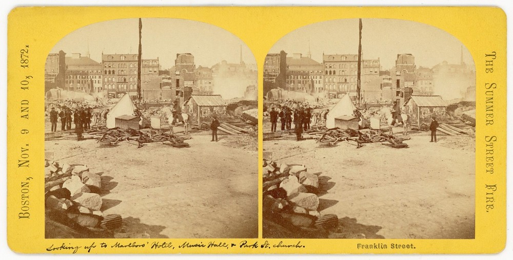 Franklin St Marlboro Hotel Music Hall Park St Church 1872 Boston Fire Stereoview