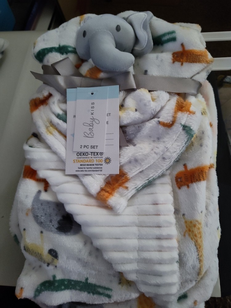 BABY KISS Elephant Reversible Blanket Snuggle Lovey Blankie NEW Oeko-Tex SOFT!