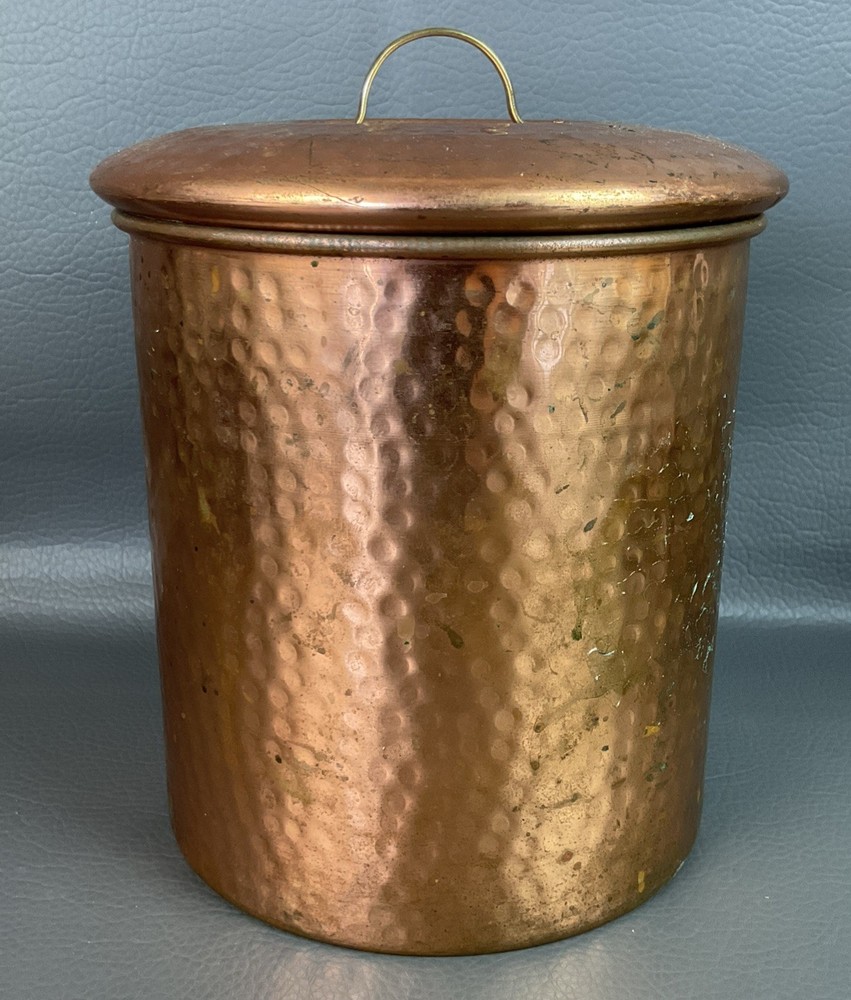 Vintage Hammered Copper Canister With Brass Handle Lid