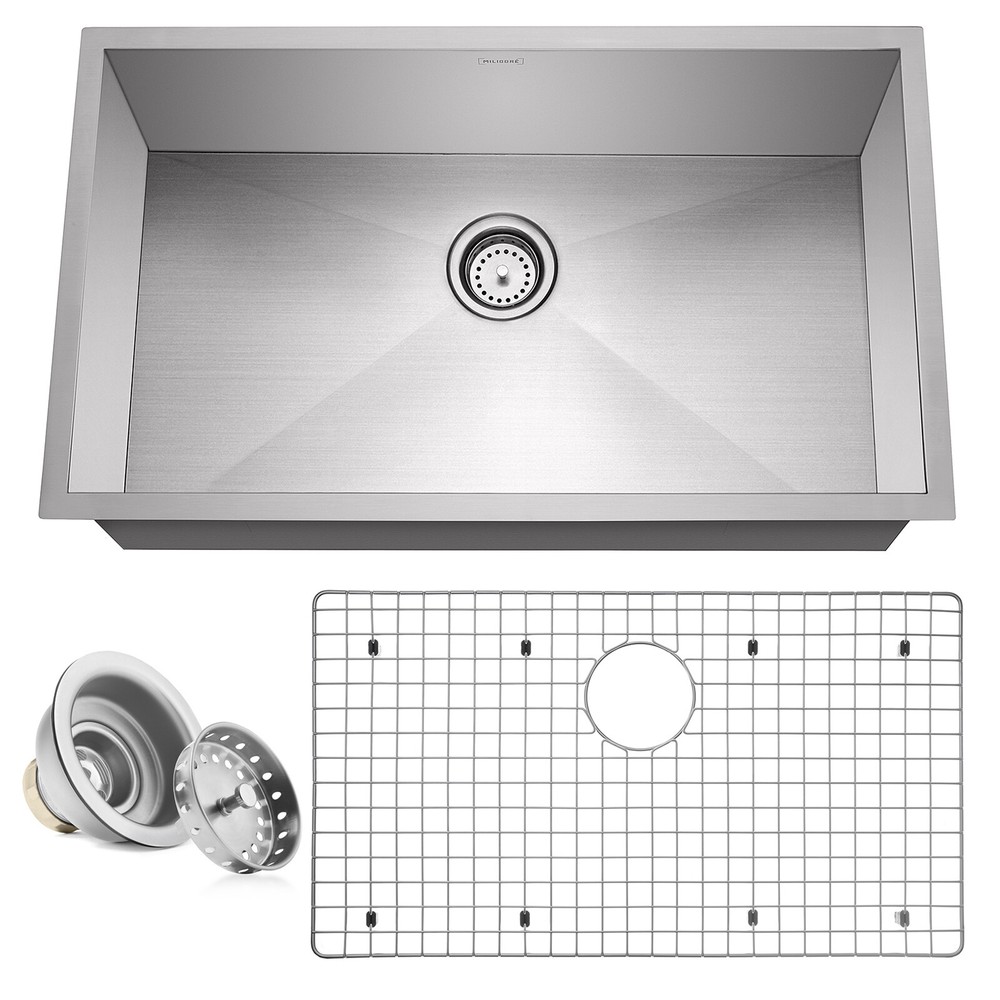 Modern Stainless Steel Single Bowl 16g Undermount Kitchen Sink with Drain & Rack
