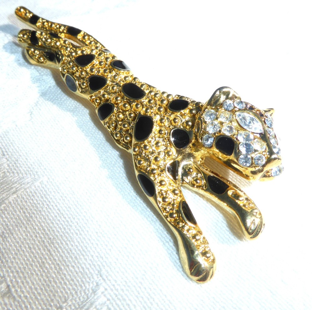 Vintage Gold Tone Brooch Leaping Leopard Black Enamel Spots Clear Rhinestones