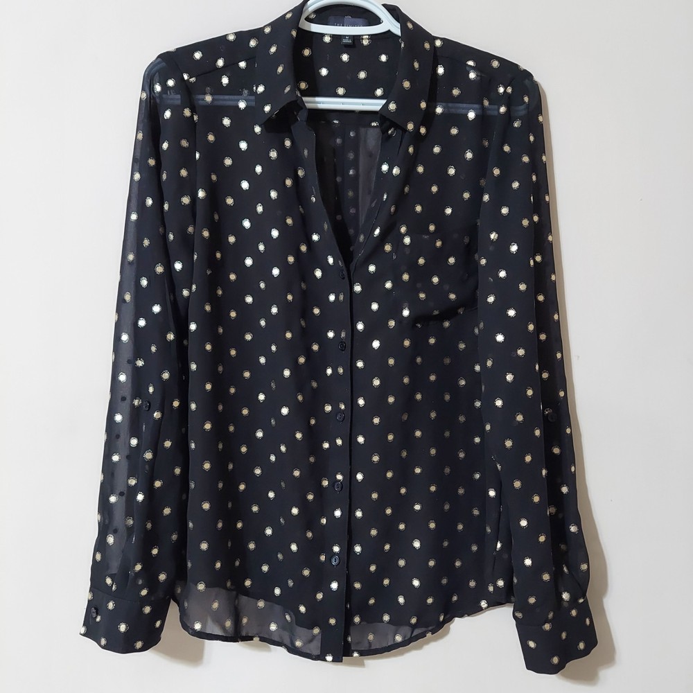 The Limited Women's Black Sheer Button Up Foil Polka Dot Print Top Size Medium